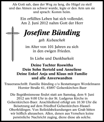 Traueranzeige von Josefine Bünding von Tageszeitung