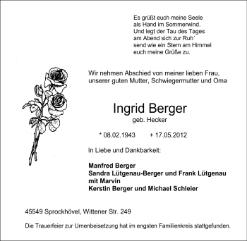 Traueranzeige von Ingrid Berger von Tageszeitung