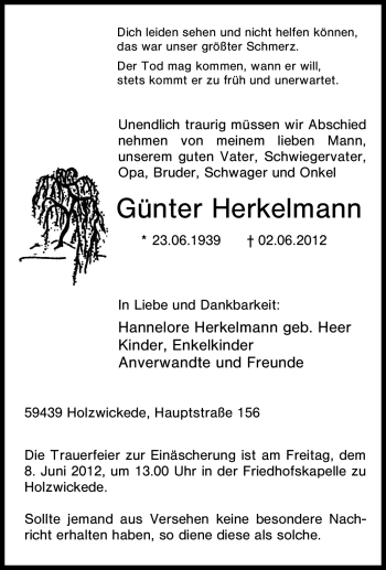 Traueranzeige von Günter Herkelmann von Tageszeitung