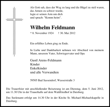 Traueranzeige von Wilhelm Feldmann von Tageszeitung
