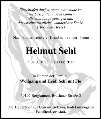 Traueranzeige von Helmut Sehl von Tageszeitung