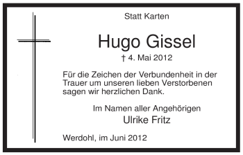 Traueranzeige von Hugo Gissel von Tageszeitung