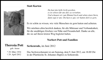Traueranzeige von Theresia Pott von Tageszeitung