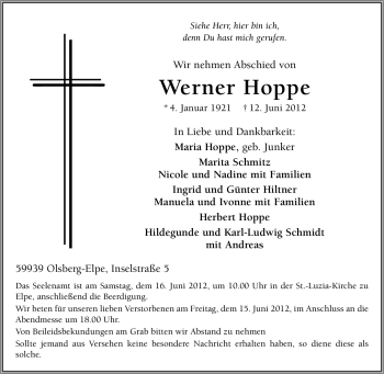 Traueranzeige von Werner Hoppe von Tageszeitung
