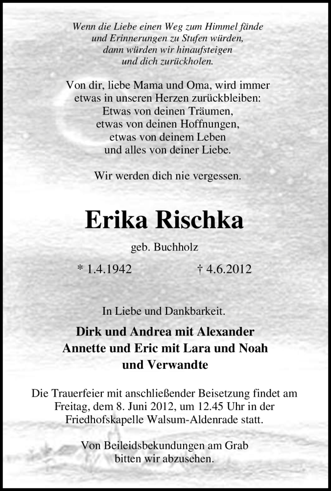  Traueranzeige für Erika Rischka vom 05.06.2012 aus Tageszeitung