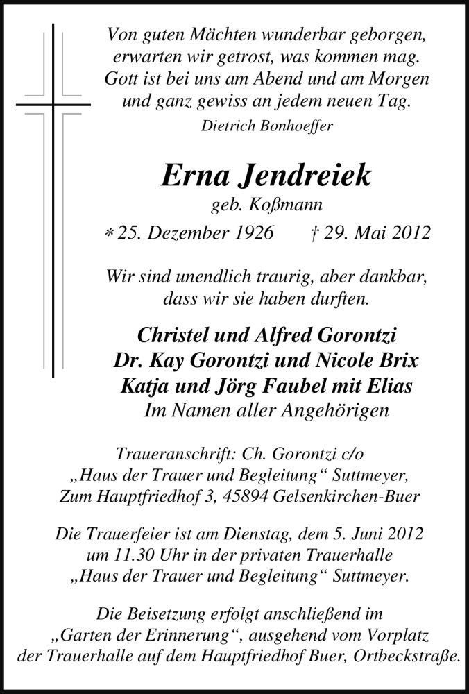  Traueranzeige für Erna Jendreiek vom 02.06.2012 aus Tageszeitung