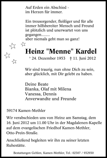 Traueranzeige von Heinz Kardel von Tageszeitung