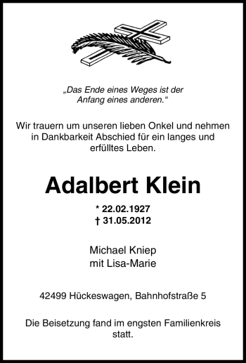 Traueranzeige von Adalbert Klein von Tageszeitung