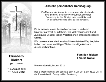 Traueranzeige von Elisabeth Rickert von Tageszeitung