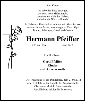 Traueranzeige von Hermann Pfeiffer von Tageszeitung