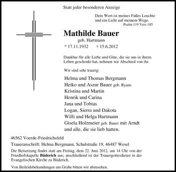 Traueranzeige von Mathilde Bauer von Tageszeitung