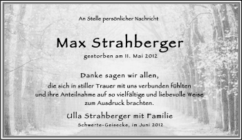 Traueranzeige von Max Strahberger von Tageszeitung
