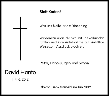 Traueranzeige von David Hante von Tageszeitung