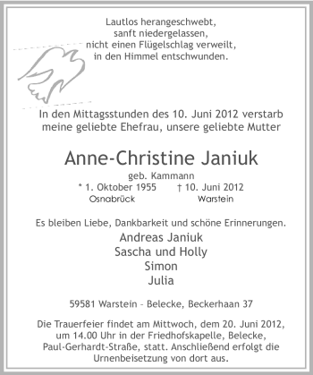 Traueranzeige von Anne-Christine Janiuk von Tageszeitung