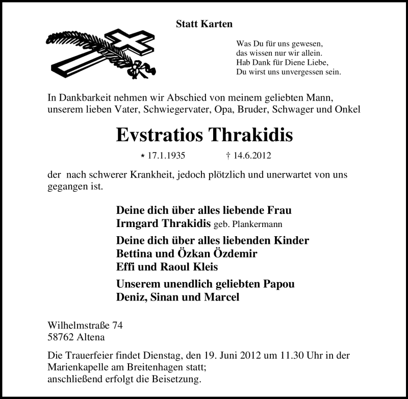  Traueranzeige für Evstratios Thrakidis vom 18.06.2012 aus Tageszeitung