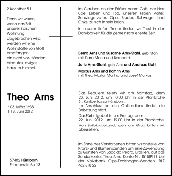 Traueranzeige von Theo Arns von Tageszeitung