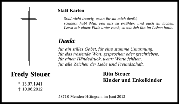 Traueranzeige von Fredy Steuer von Tageszeitung