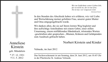 Traueranzeige von Anneliese Kirstein von Tageszeitung
