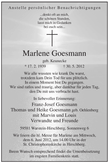 Traueranzeige von Marlene Goesmann von Tageszeitung