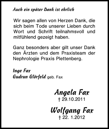 Traueranzeige von Angela Fax von Tageszeitung