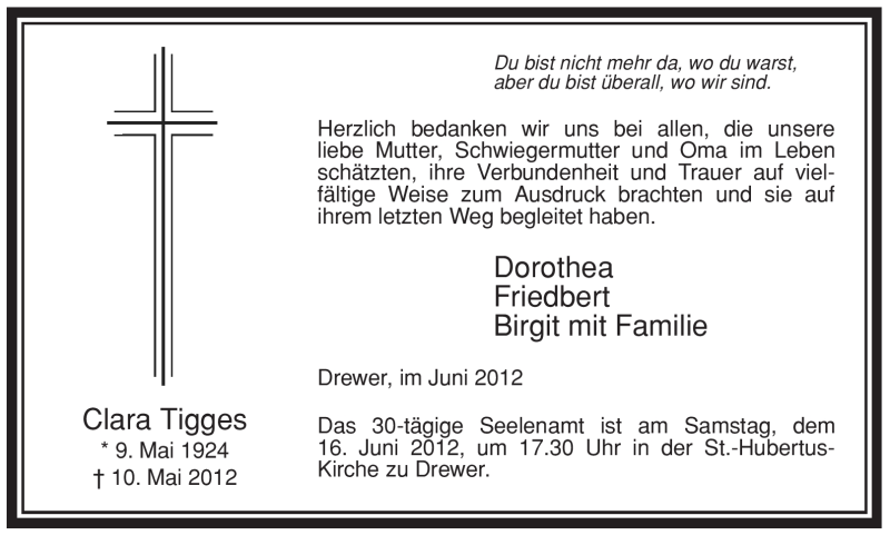  Traueranzeige für Clara Tigges vom 09.06.2012 aus Tageszeitung