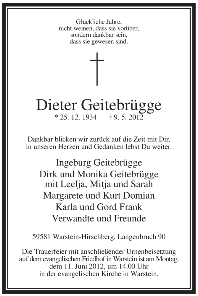  Traueranzeige für Dieter Geitebrügge vom 07.06.2012 aus Tageszeitung