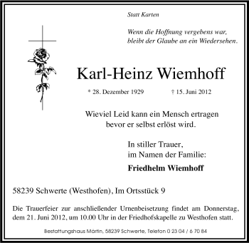 Traueranzeige von Karl-Heinz Wiemhoff von Tageszeitung