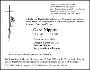 Traueranzeige von Gerd Nippus von Tageszeitung