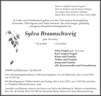 Traueranzeige von Sylvia Braunschweig von Tageszeitung