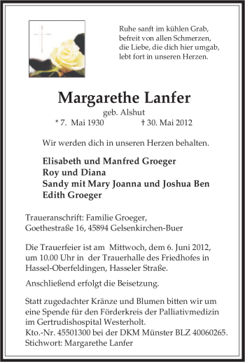 Traueranzeige von Margarethe Lanfer von Tageszeitung