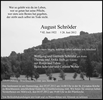 Traueranzeige von August Schröder von Tageszeitung