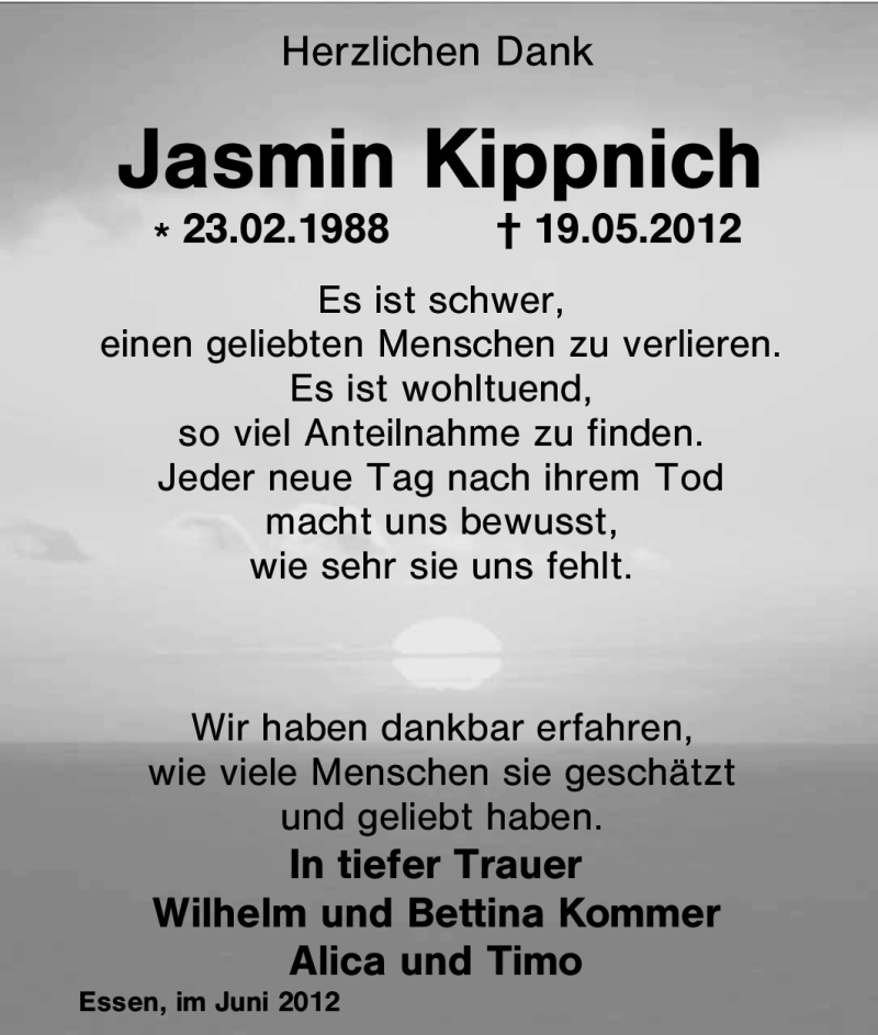  Traueranzeige für Jasmin Kippnich vom 23.06.2012 aus Tageszeitung