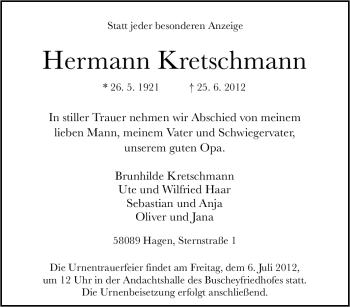 Traueranzeige von Hermann Kretschmann von Tageszeitung