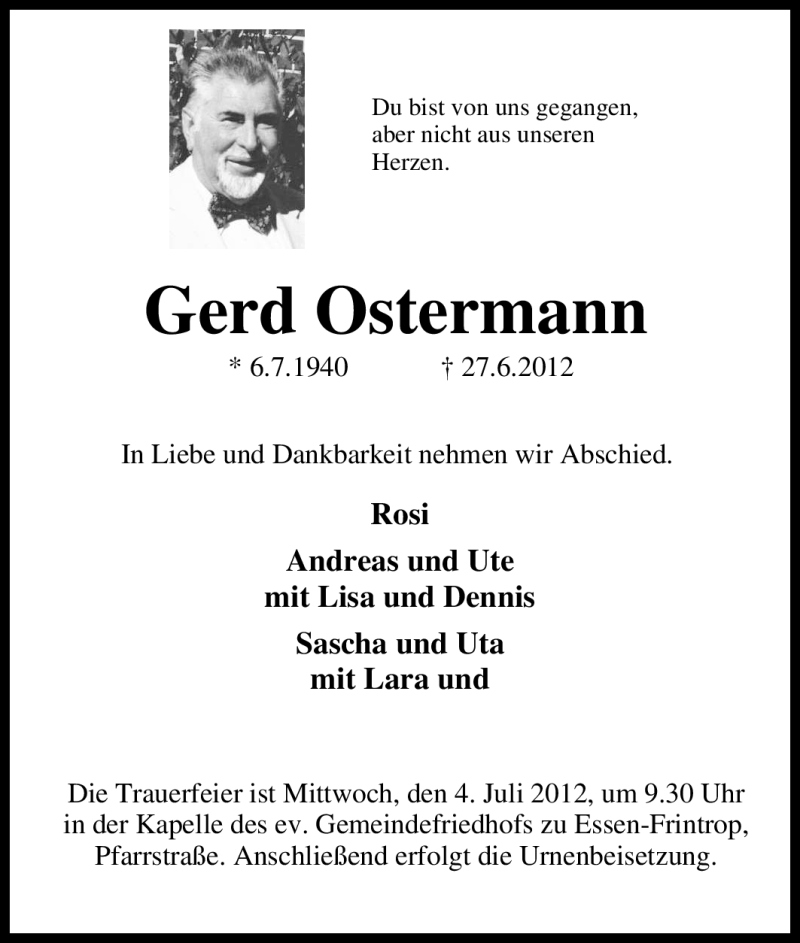 Traueranzeigen Von Gerd Ostermann Trauer In Nrwde 8220