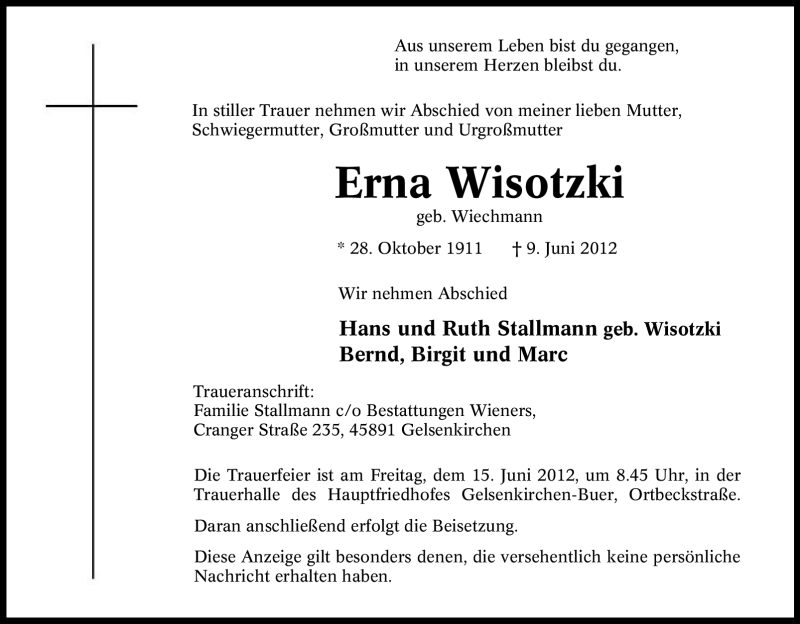  Traueranzeige für Erna Wisotzki vom 12.06.2012 aus Tageszeitung