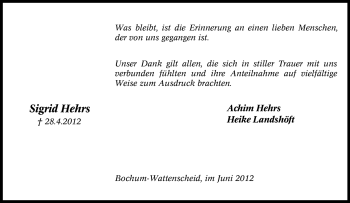 Traueranzeige von Sigrid Hehrs von Tageszeitung