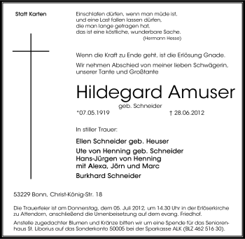Traueranzeige von Hildegard Amuser von Tageszeitung