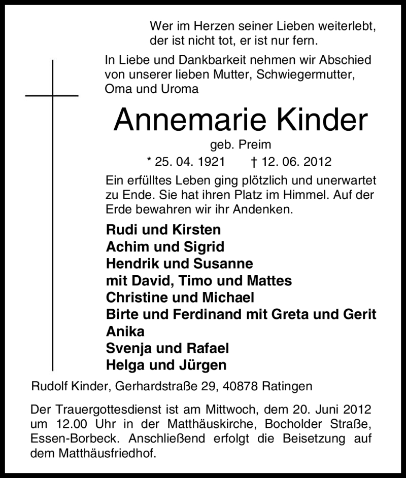  Traueranzeige für Annemarie Kinder vom 16.06.2012 aus Tageszeitung