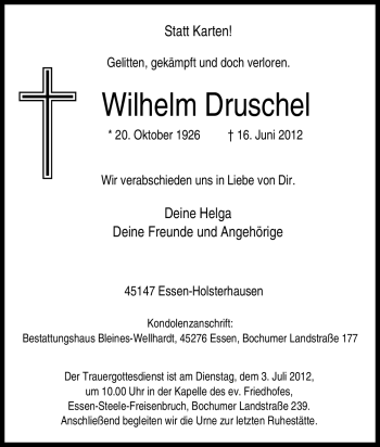 Traueranzeige von Wilhelm Druschel von Tageszeitung