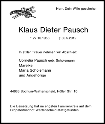 Traueranzeige von Klaus Dieter Pausch von Tageszeitung
