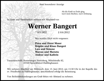 Traueranzeige von Werner Bangert von Tageszeitung