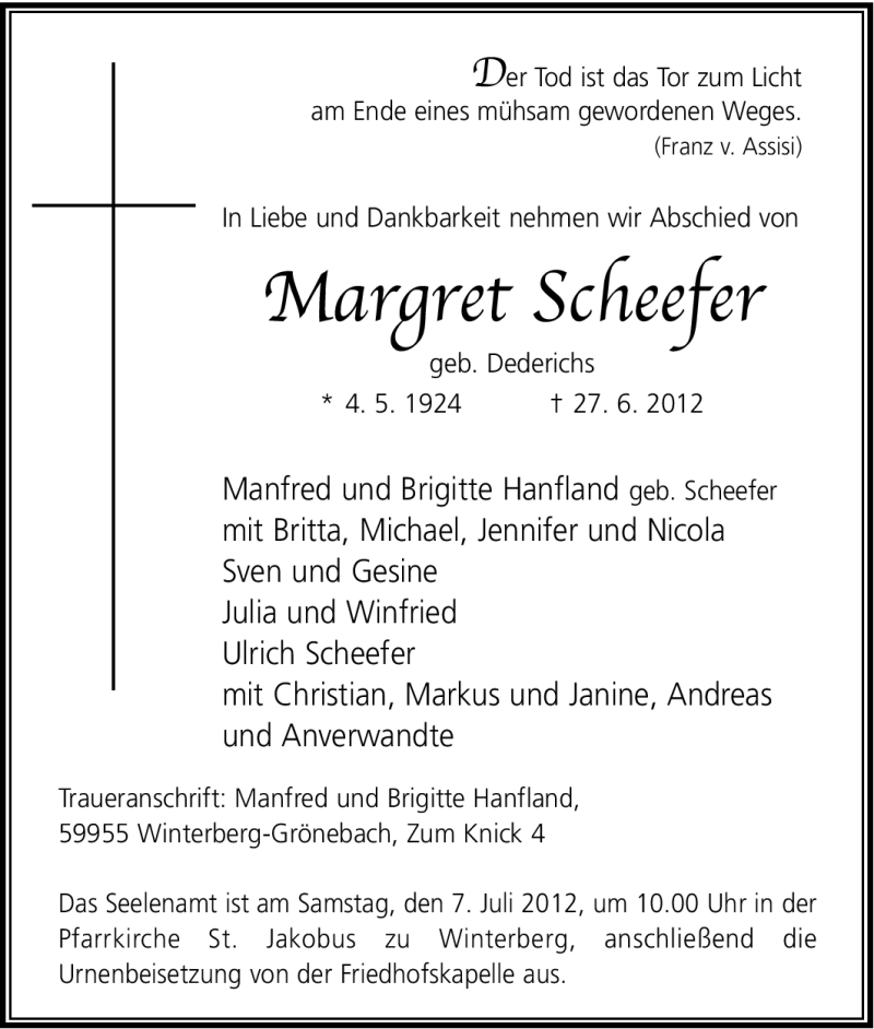  Traueranzeige für Margret Scheefer vom 30.06.2012 aus Tageszeitung