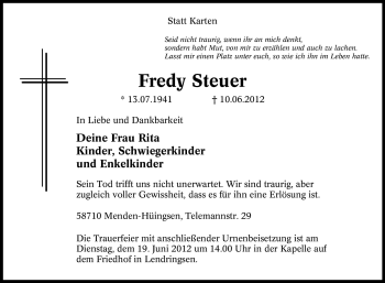 Traueranzeige von Fredy Steuer von Tageszeitung