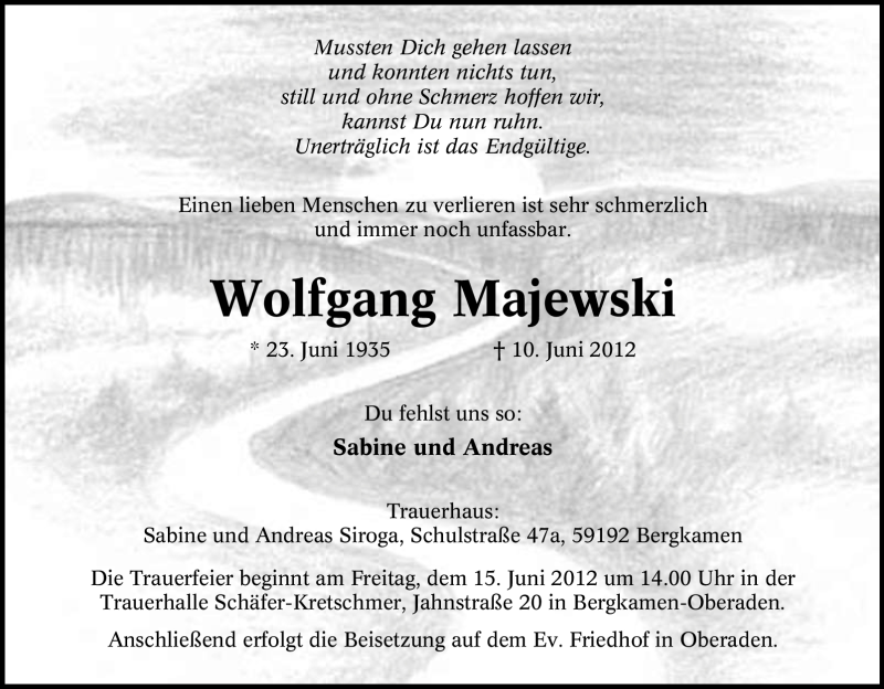  Traueranzeige für Wolfgang Majewski vom 12.06.2012 aus Tageszeitung