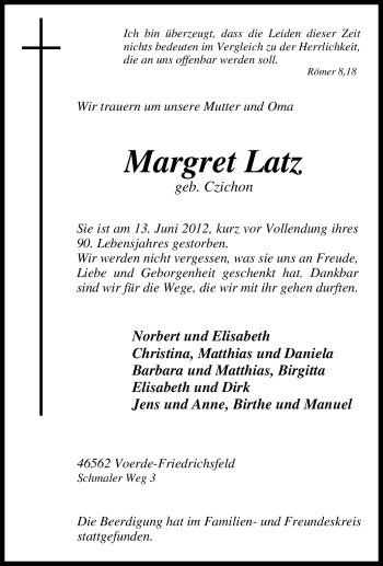 Traueranzeige von Margret Latz von Tageszeitung