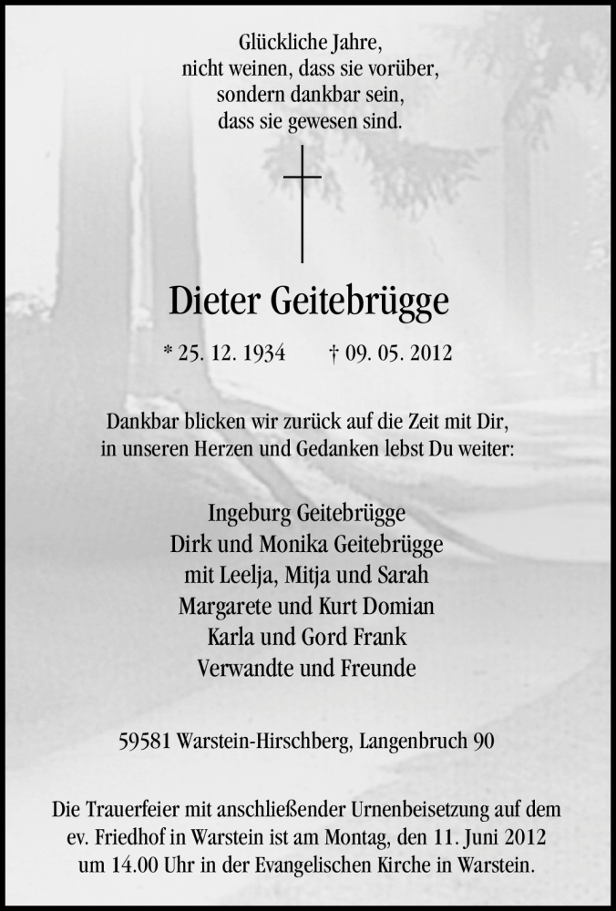  Traueranzeige für Dieter Geitebrügge vom 07.06.2012 aus Tageszeitung