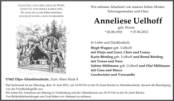 Traueranzeige von Anneliese Uelhoff von Tageszeitung