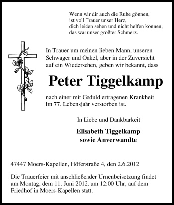 Traueranzeige von Peter Tiggelkamp von Tageszeitung