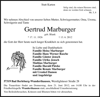 Traueranzeige von Gertrud Marburger von Tageszeitung