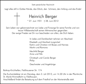 Traueranzeige von Heinrich Berger von Tageszeitung